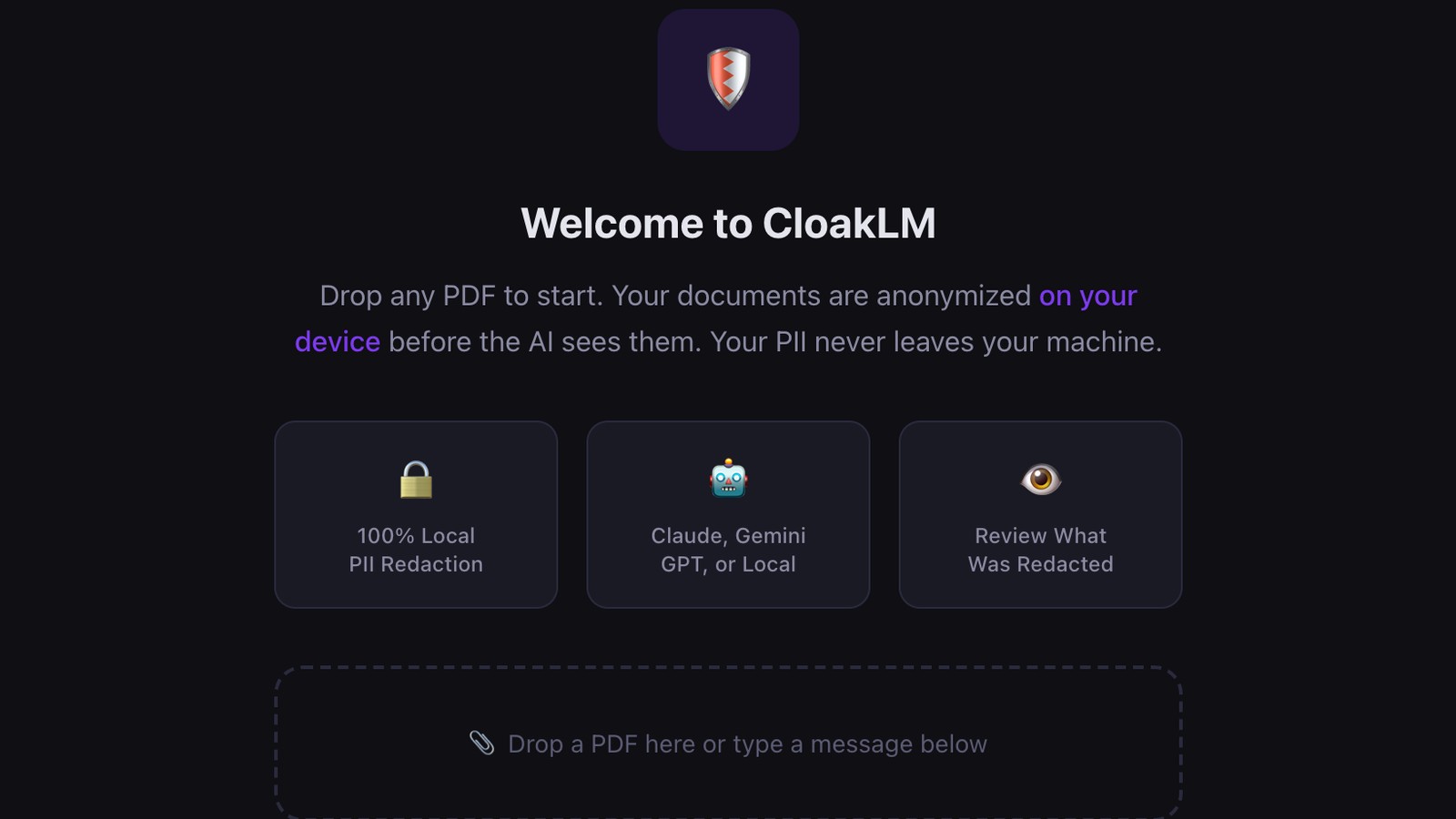 The CloakLM desktop app with a PDF drop zone